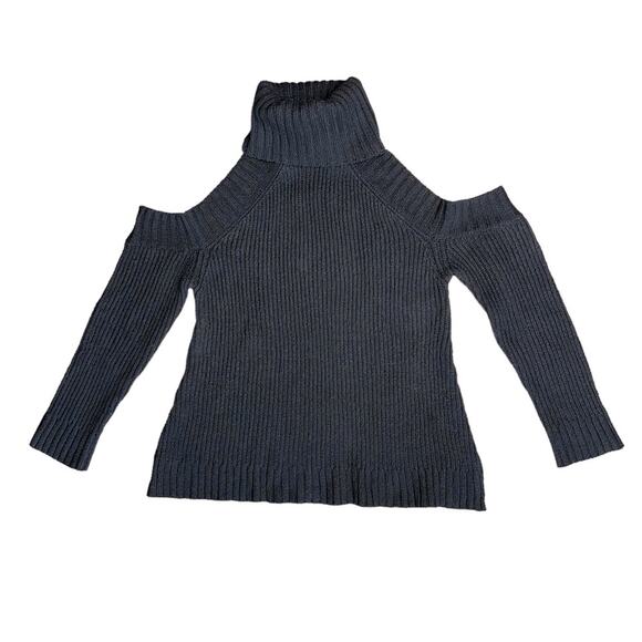 J.O.A. Black Chunky Ribbed Cold Shoulder Long Sleeve Turtleneck Sweater Women’s - Picture 8 of 9
